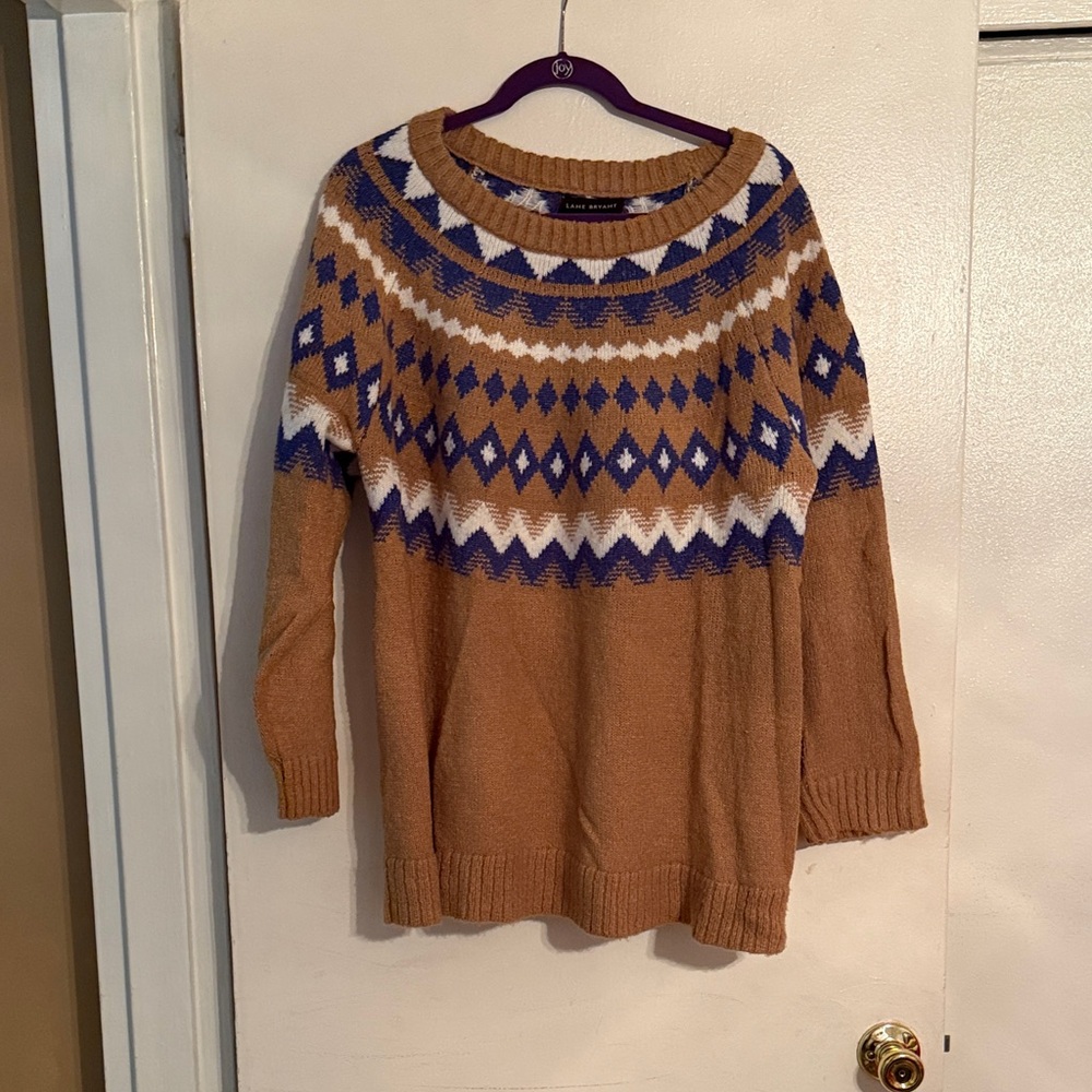 Lane Bryant Cozy Tan and Blue Patterned Sweater